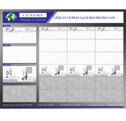 Gạch men Ceramic 30cmx60cm sọc trắng xám PN HP LX 36027